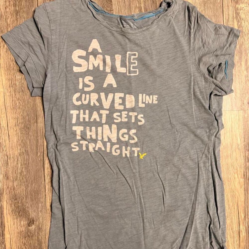 American-eagle Women's Grey and Blue T-shirt